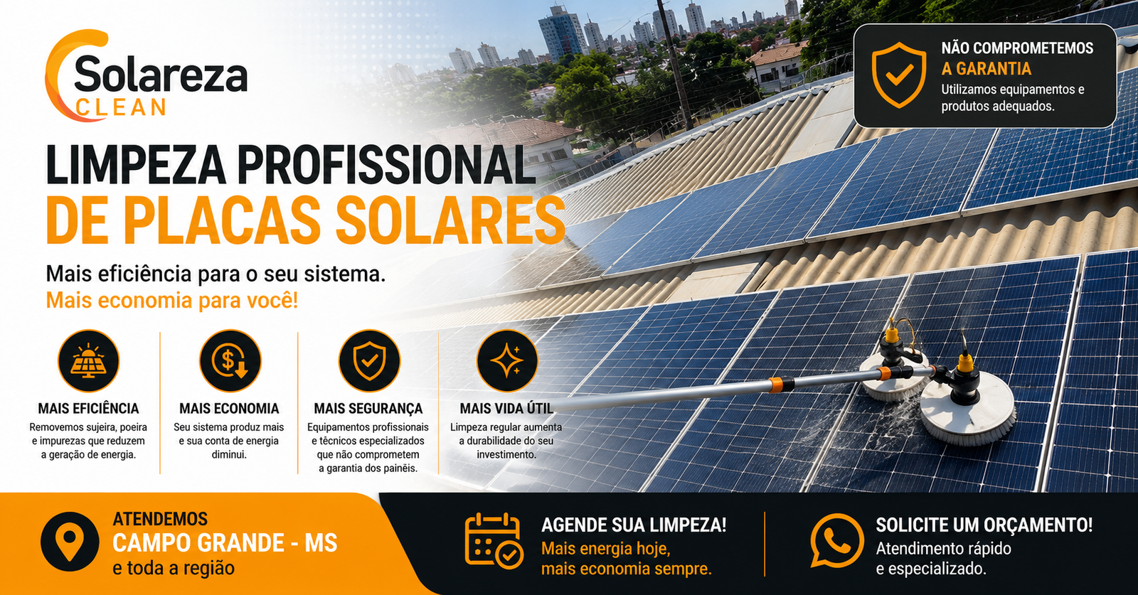 Agende sua limpeza de placas solares com a Solareza Clean em Campo Grande MS