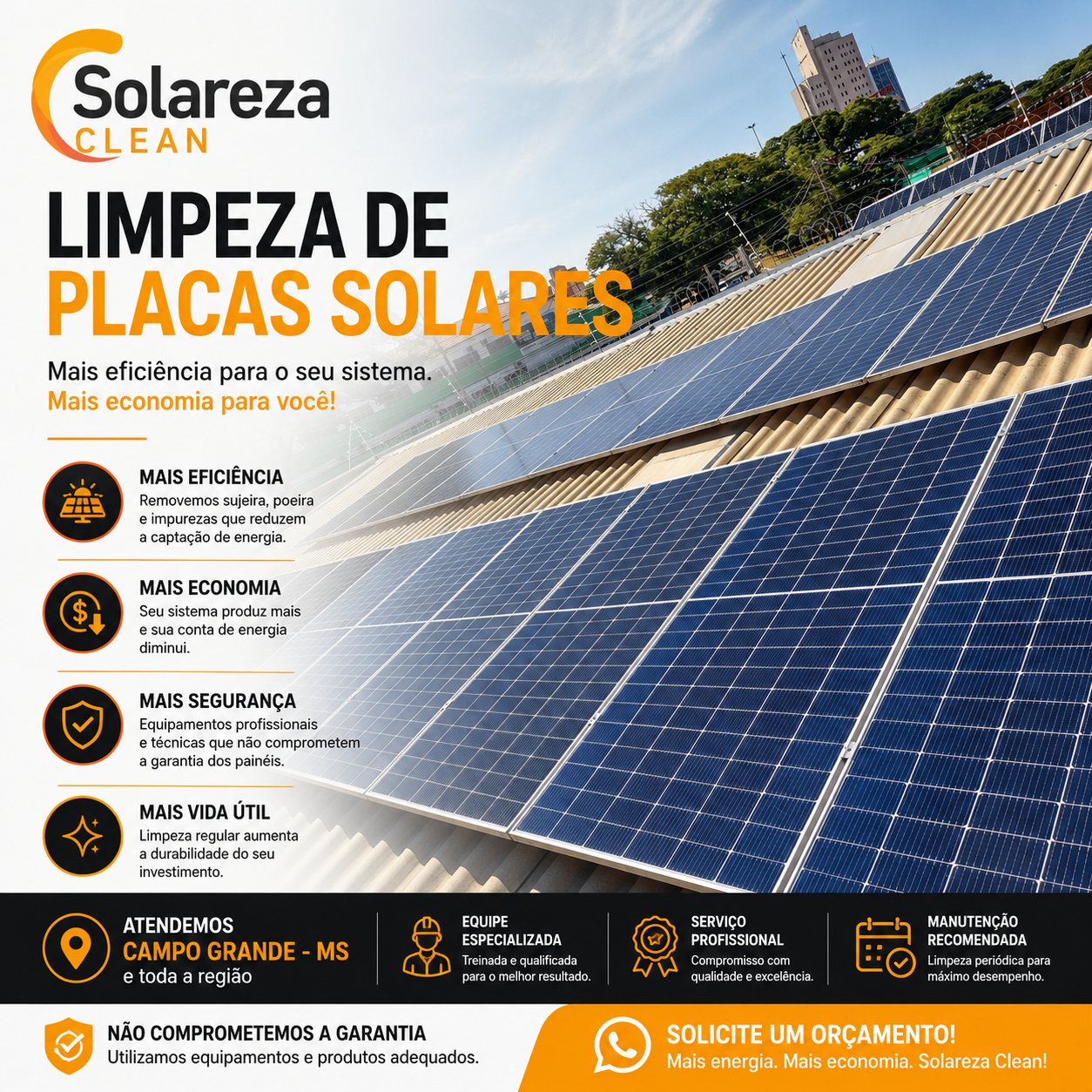 Limpeza de placas solares em telhado residencial - Solareza Clean Campo Grande MS