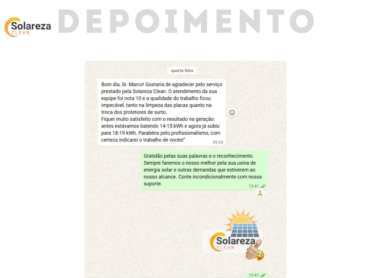 Depoimento de cliente Solareza Clean - WhatsApp