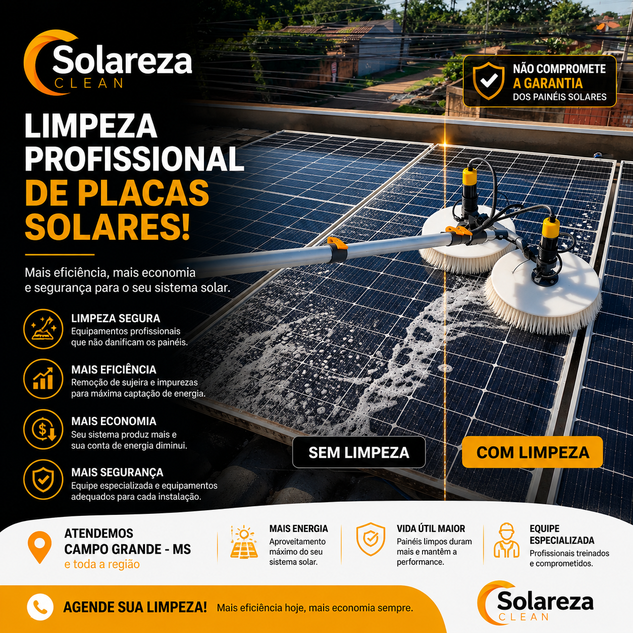 Técnico da Solareza Clean realizando limpeza profissional de placas solares em Campo Grande MS